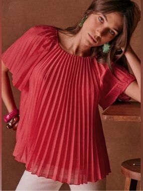 Sezane Romy Pleated Poppy Coral Pink Short Sleeve Blouse Shirt Size 38 / US 6